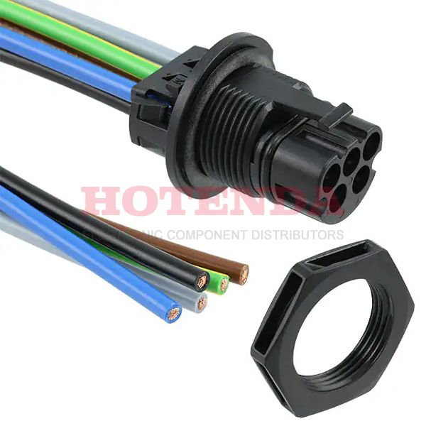 1409212 - Plug, Male Pins Polyphenylene Ether (PPE) Panel Mount 5 Positions Wire Leads Silver Snap-In, Latch Lock