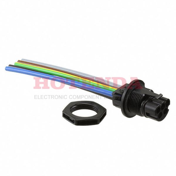 1409213 - Plug, Male PinsPolyphenylene Ether (PPE)Panel Mount5 PositionsWire LeadsSilverSnap-In, Latch Lock