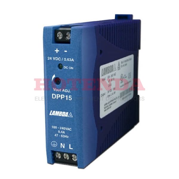 DPP15-24 - TDK LAMBDA DPP15-24 AC/DC DIN Rail Power Supply, Class II, Adjustable, Fixed, 1 Output, 85 VAC, 264 VAC, 15 W, 24 VDC