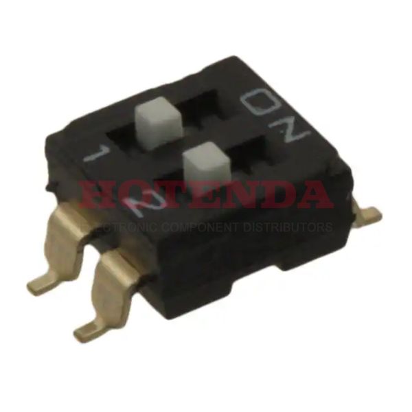 A6S-2104 - Switch DIP OFF ON SPST 2 Raised Slide 0.025A 24VDC Gull Wing 1000Cycles 2.54mm SMD Stick