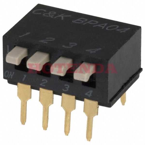 BPA04RB - Switch DIP ON OFF SPST 4 Piano 0.1A 24VDC PC Pins 1000Cycles 2.54mm Thru-Hole Tube