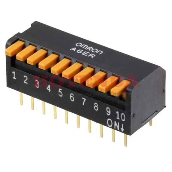A6ER-0104 - Switch DIP ON OFF SPST 10 Piano 0.025A 24VDC PC Pins 1000Cycles 2.54mm Thru-Hole Tube