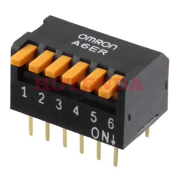 A6ER-6104 - Switch DIP ON OFF SPST 6 Piano 0.025A 24VDC PC Pins 1000Cycles 2.54mm Thru-Hole Tube