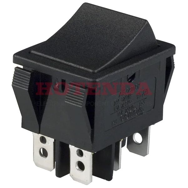 R5CBLKBLKEF0 - Switch Rocker ON ON DPDT Quick Connect Curved Rocker 20A 250VAC 250VDC 559.27VA 30000Cycles