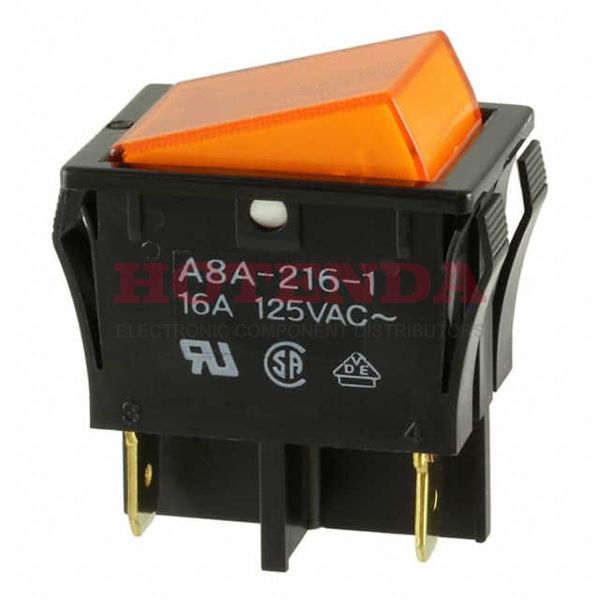 A8A-216-1 - Switch Rocker ON OFF DPST Quick Connect Flat Rocker 16A 250VAC 40000Cycle