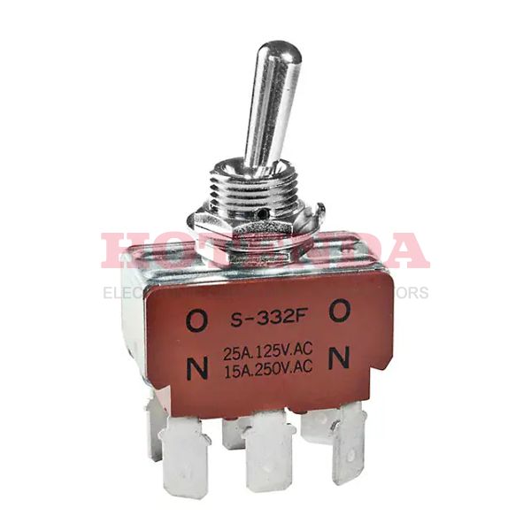 S332F - Switch Toggle ON None ON DPDT Round Lever Quick Conn 25A 250VAC 30VDC Panel Mount with Threads