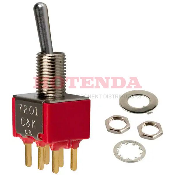 7201SYCBE - Switch Toggle ON None ON DPDT Round Toggle PC Pins 20VAC 20VDC 0.4VA PC Mount with Threads