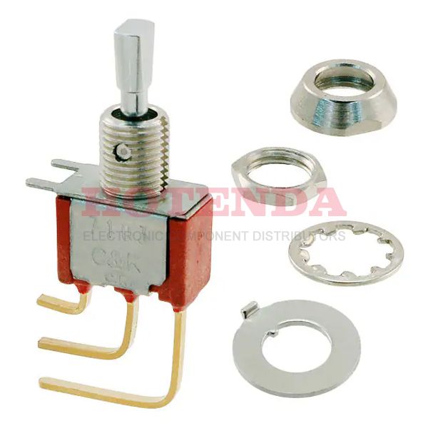 7103P4DAV2BE22 - Switch Toggle ON OFF ON SPDT Flat Lever PC Pins 20VAC 20VDC 0.4VA PC Mount with Bracket and Threads