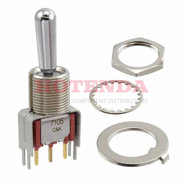 7105TCWV3BE - Switch Toggle Mom OFF Mom SPDT Round Lever PC Pins 20VAC 20VDC 0.4VA PC Mount with Bracket and Threads
