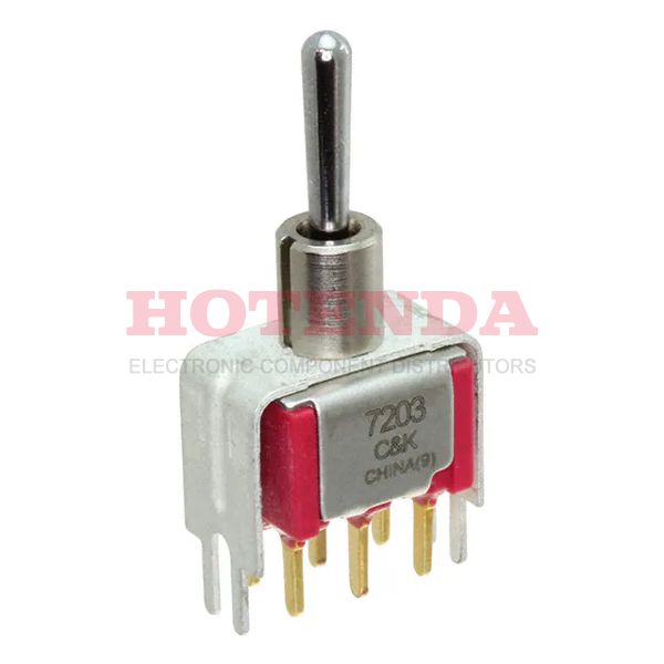 7203SD9V3BE - Switch Toggle ON OFF ON DPDT Round Lever PC Pins 20VAC 20VDC 0.4VA PC Mount with Bracket