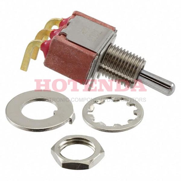 7103MDABE - Switch Toggle ON OFF ON SPDT Round Lever PC Pins 20VAC 20VDC 0.4VA PC Mount with Bracket and Threads