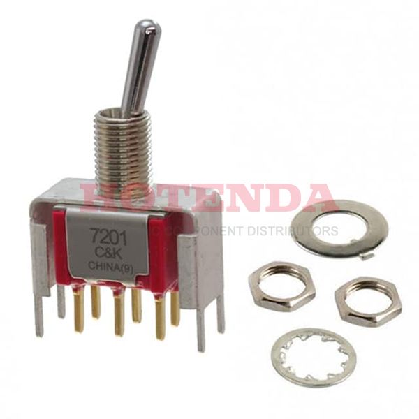 7201SYV6BE - Switch Toggle ON None ON DPDT Round Lever PC Pins 20VAC 20VDC 0.4VA PC Mount with Bracket and Threads