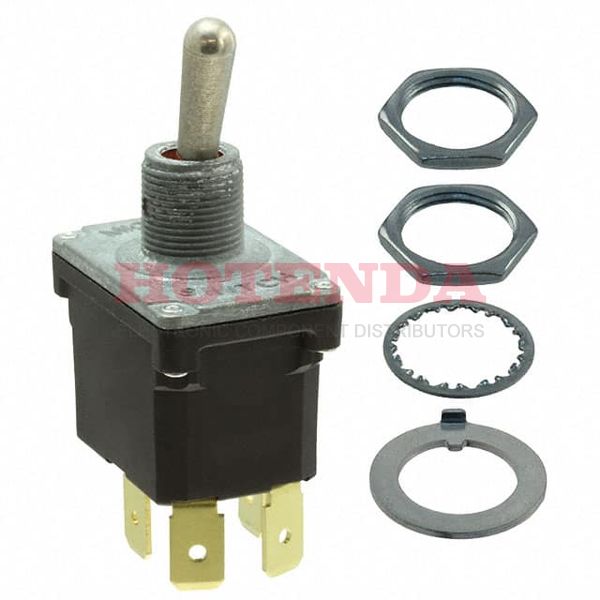 32NT91-61 - Switch Toggle (ON) OFF None DPST Round Lever Quick Conn 18A 277VAC 250VDC Panel Mount with Threads